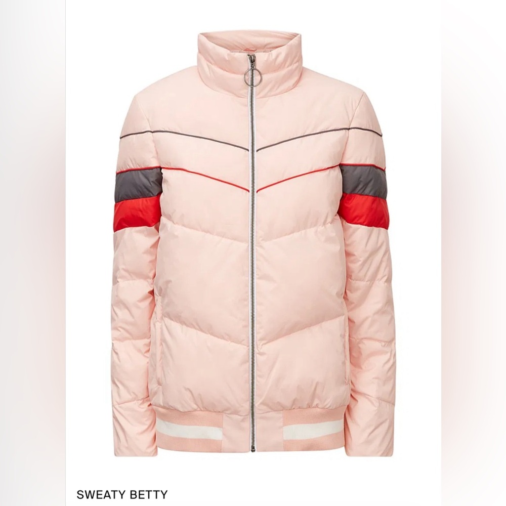 Sweaty Betty PrimaLoft Puffer Jacket Pink Chevron Colorblock Ski Bomber M